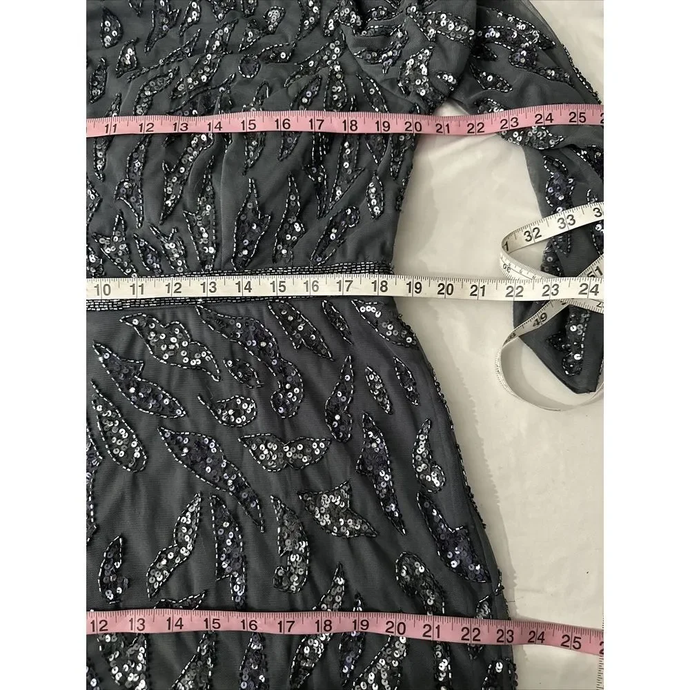NWT $598 Mac Duggal [ 14 ] Beaded Long Sleeve‎ Evening Gown in Charcoal #S1107 - Picture 6 of 13